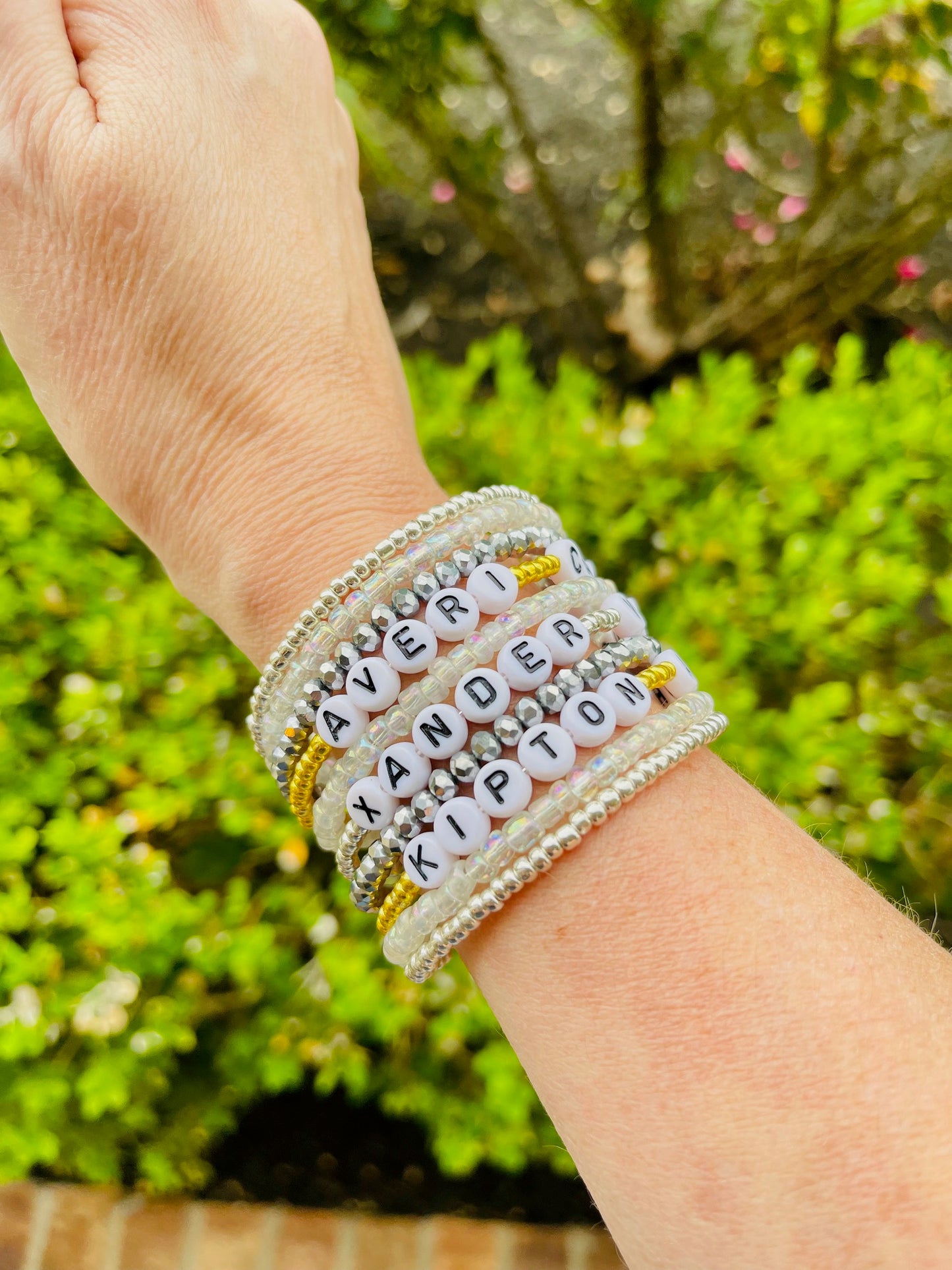 Personalized Mother's Day beaded memory wire wrap bracelet - Custom Bracelet Stack