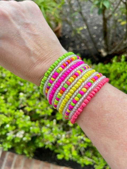 Multicolor Neon, glow in the dark, hand-beaded wrap cuff bracelet