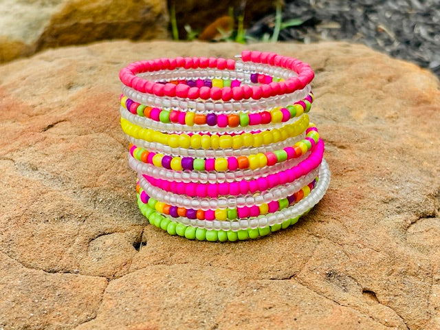 Multicolor Neon, glow in the dark, hand-beaded wrap cuff bracelet