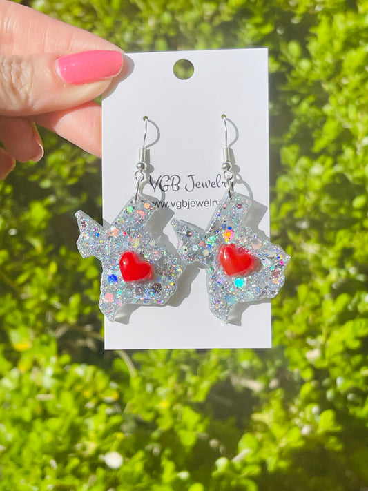 Heart of Texas dangle resin earrings with red heart