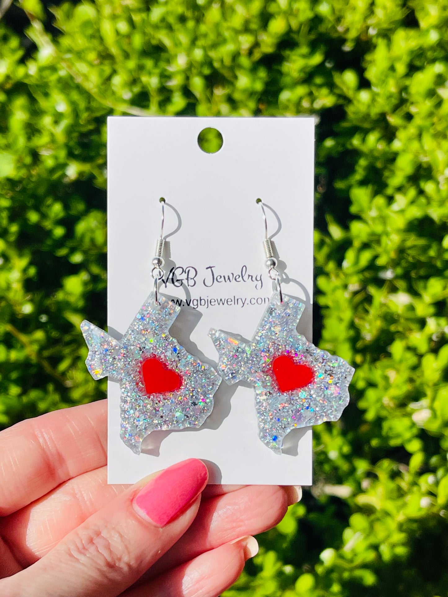 Heart of Texas dangle resin earrings with red heart