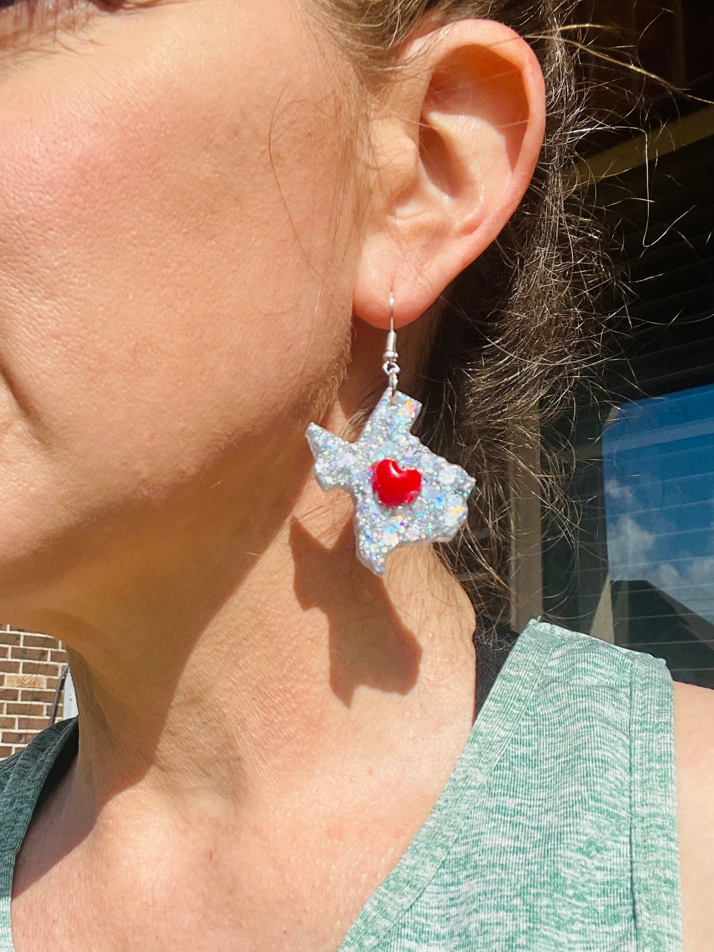 Heart of Texas dangle resin earrings with red heart