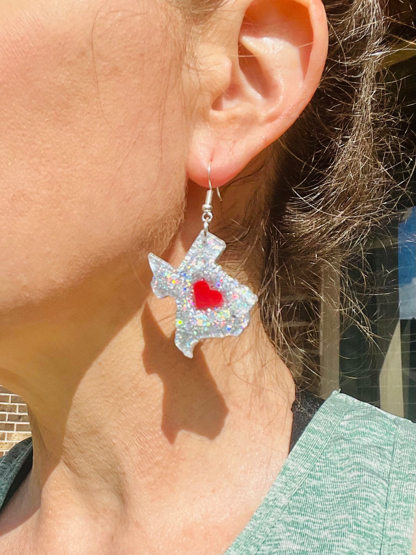 Heart of Texas dangle resin earrings with red heart