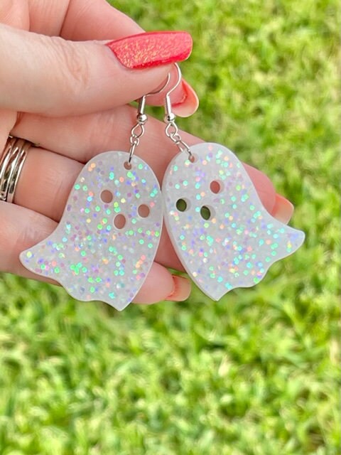 Cute Halloween glitter ghost earrings - sparkly resin earring - handcrafted - handmade jewelry
