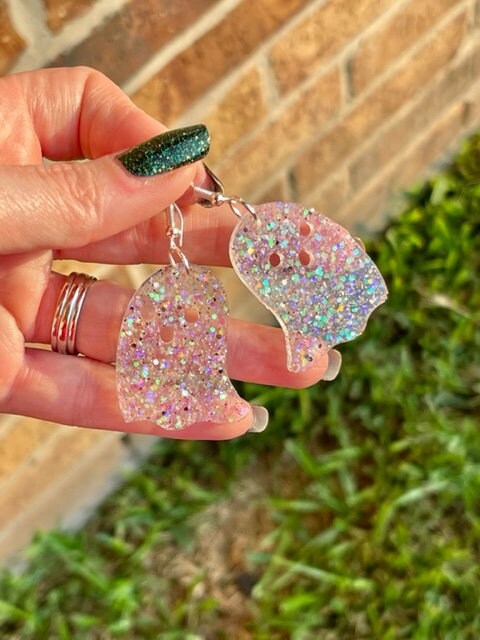Cute Halloween glitter ghost earrings - sparkly resin earring - handcrafted - handmade jewelry