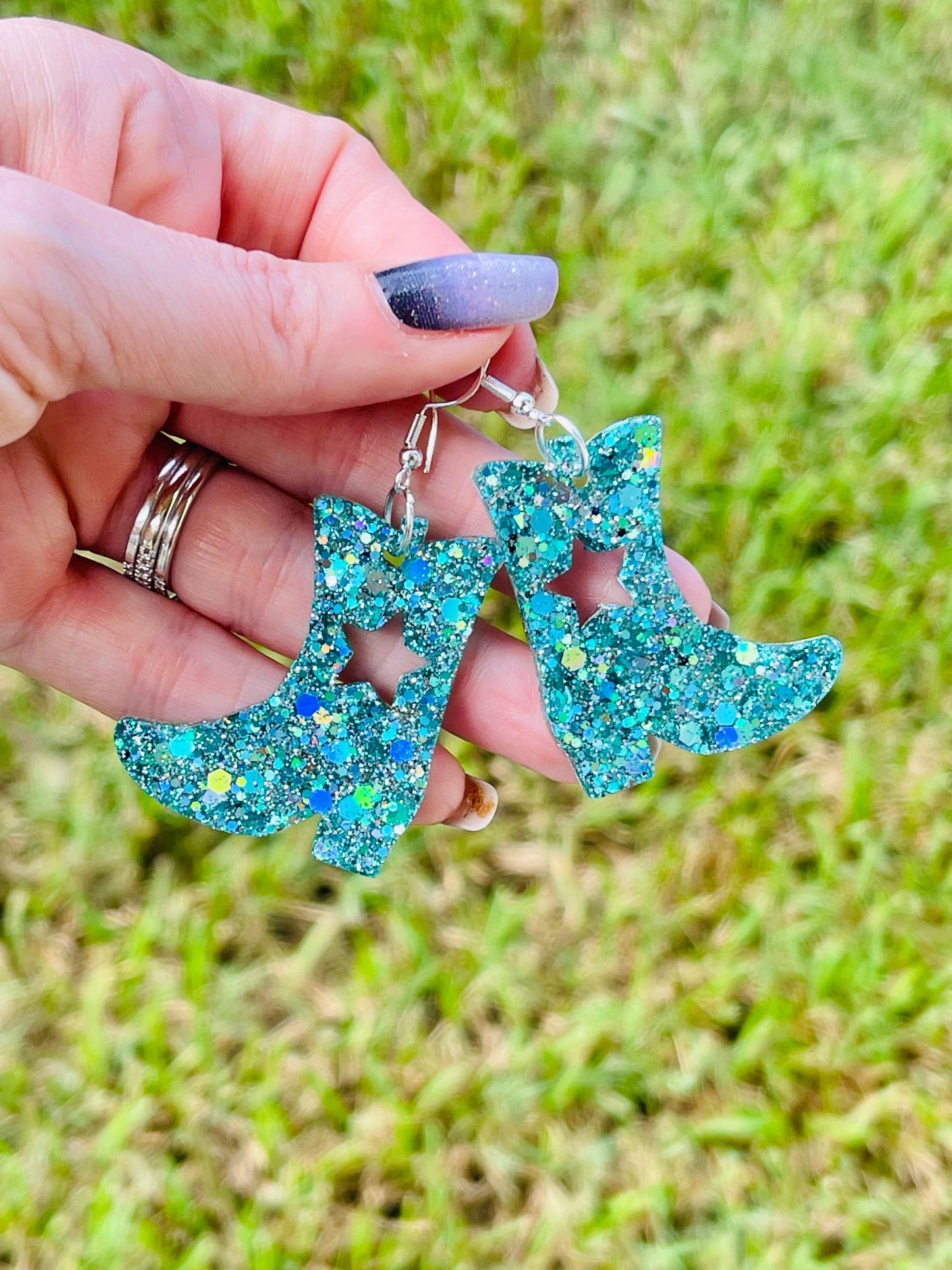 Drill team boot glitter resin earrings