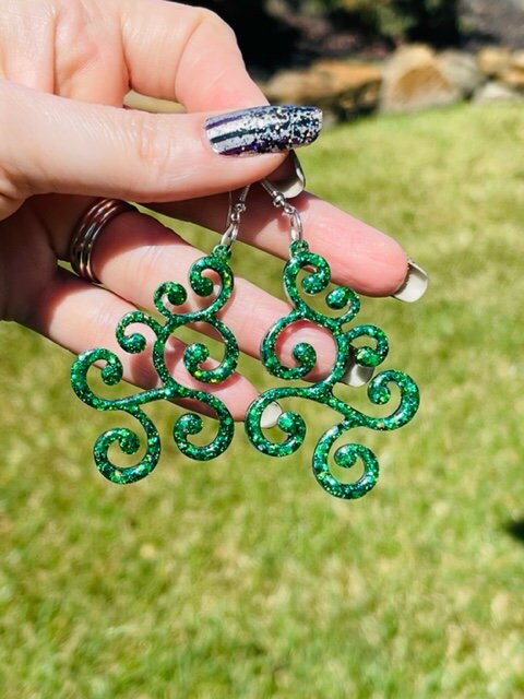 Christmas Tree earrings- scrollwork Xmas tree earring - various colors