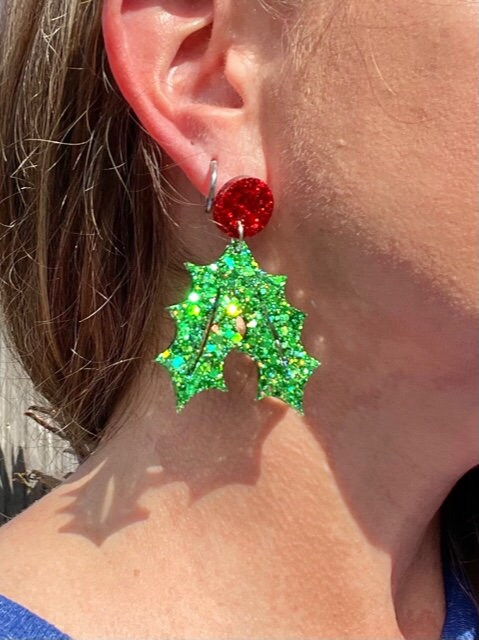 Holly Berry Earrings - sparkly holly earring - Perfect for Holiday Parties - traditional and pastel colors