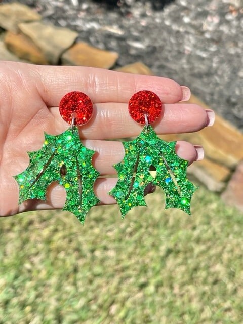 Holly Berry Earrings - sparkly holly earring - Perfect for Holiday Parties - traditional and pastel colors
