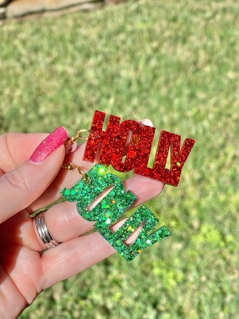 Holly Jolly Christmas resin earrings - Xmas word earring