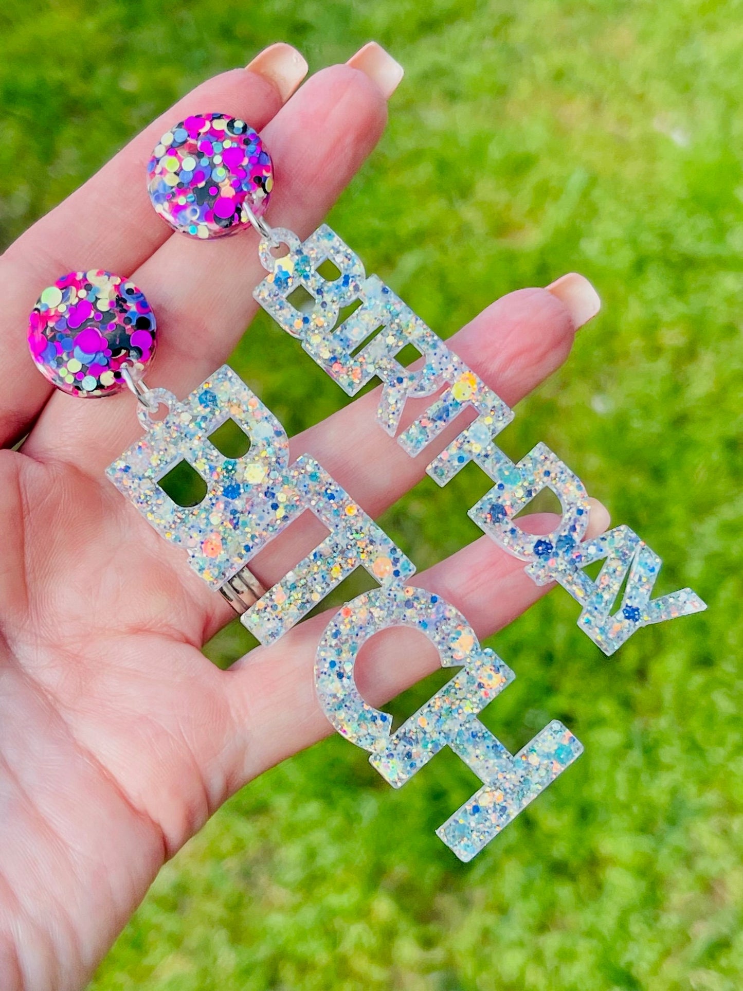 Birthday Bitch glitter resin earrings - choose your colors - handmade jewelry