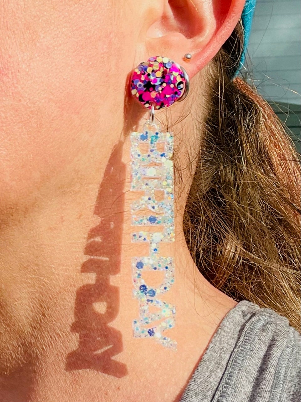 Birthday Bitch glitter resin earrings - choose your colors - handmade jewelry
