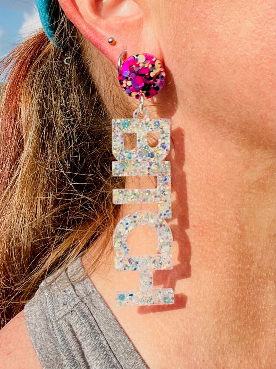 Birthday Bitch glitter resin earrings - choose your colors - handmade jewelry