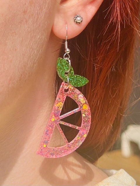 Fruit wedge glitter resin earrings - Grapefruit, Lime, Lemon, Orange Tropical Luxe jewelry