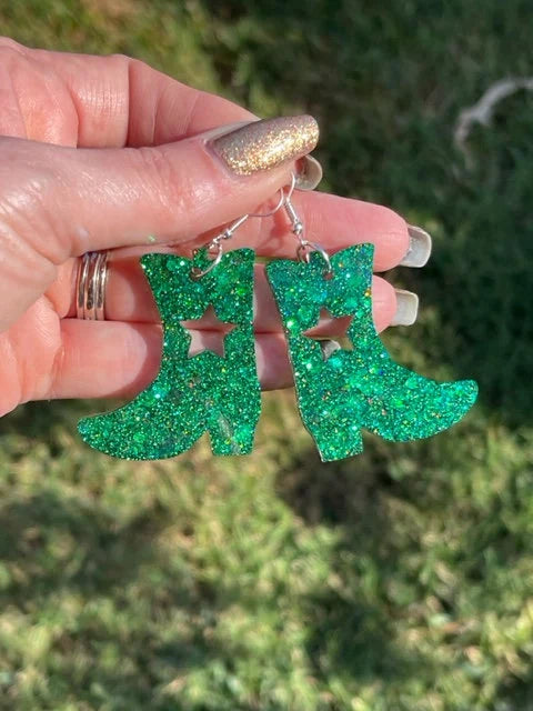 Drill team boot glitter resin earrings