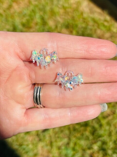 Sparkly Resin Ghost Stud Earrings - Halloween earring - Add a Touch of Whimsy to Your Style!  Handmade jewelry