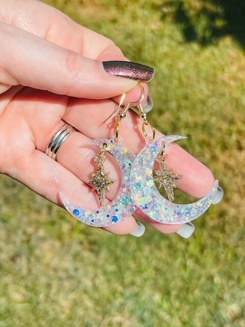 Moon and star glitter resin earrings