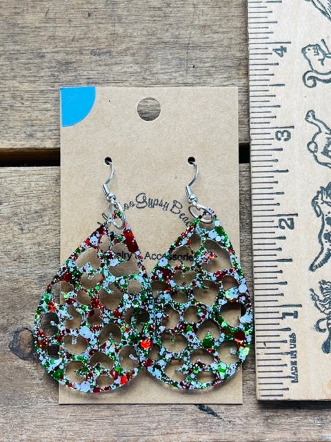 Teardrop earrings - Christmas Tree/Snowflake/leopard print earrings- Xmas glitter mix