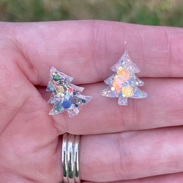 Christmas tree stud earrings- Multiple colors available - Xmas resin jewelry