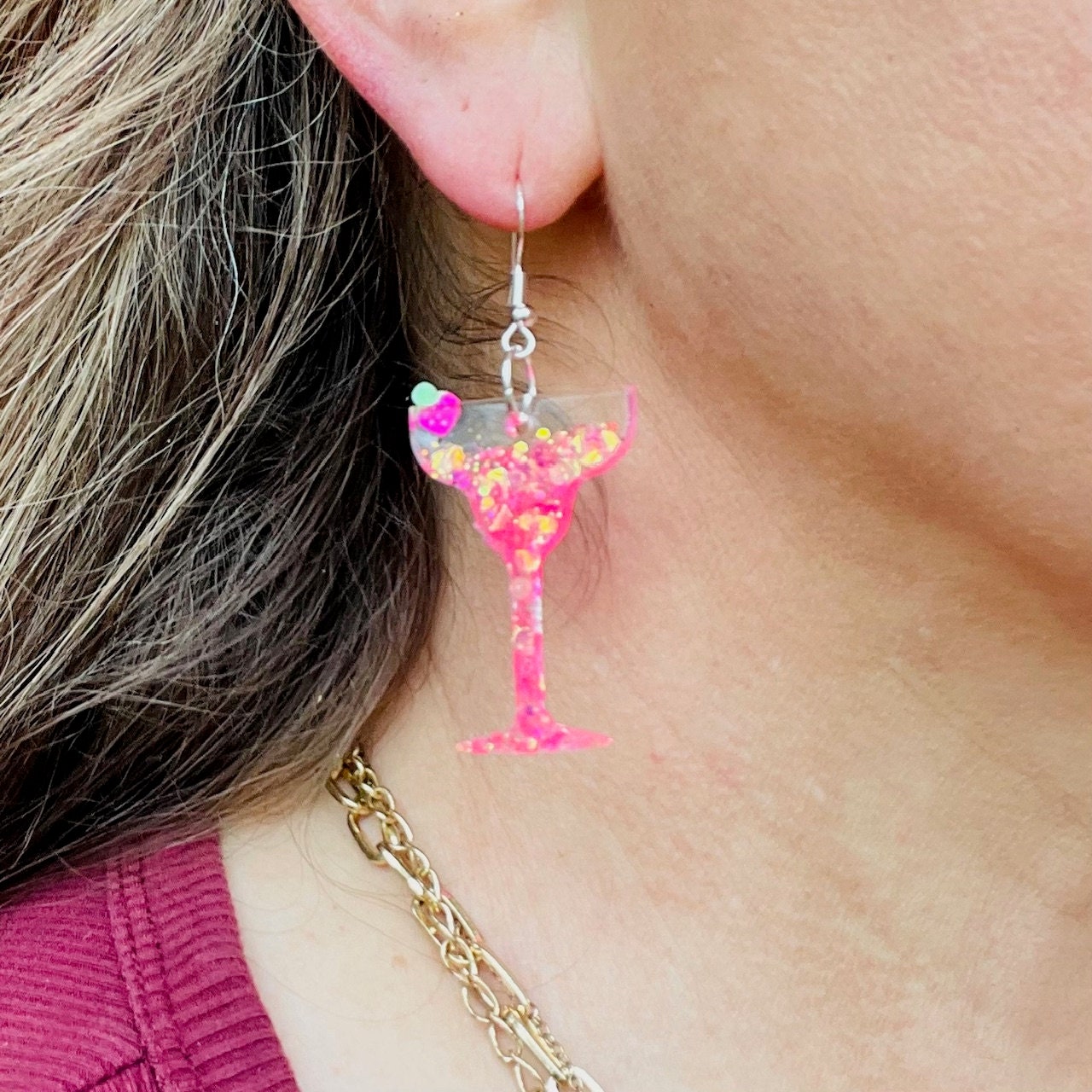 Strawberry Margarita glass earrings - glitter resin earring - Cinco de Mayo - handmade jewelry