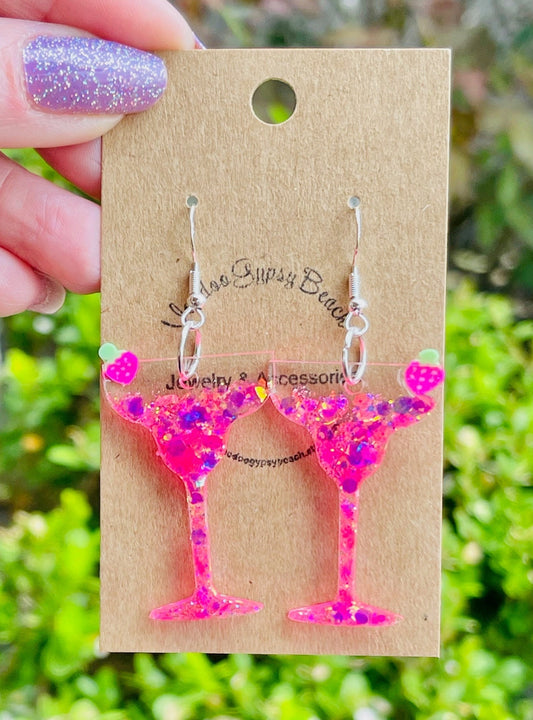 Strawberry Margarita glass earrings - glitter resin earring - Cinco de Mayo - handmade jewelry
