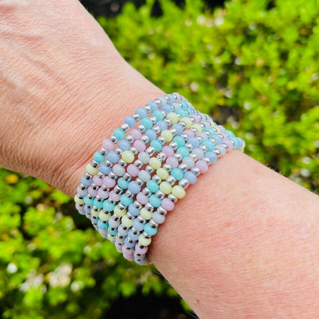 Pastel hand-beaded memory wire wrap cuff bracelet