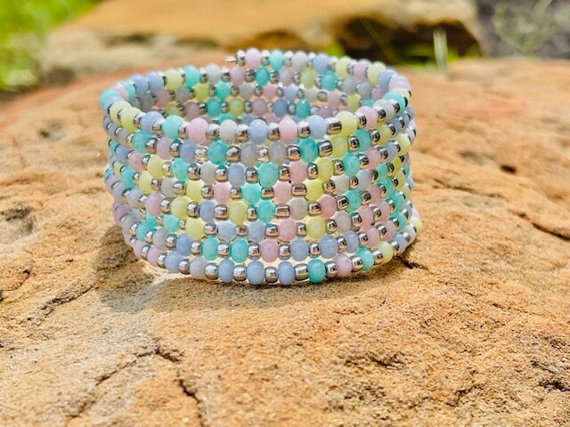 Pastel hand-beaded memory wire wrap cuff bracelet
