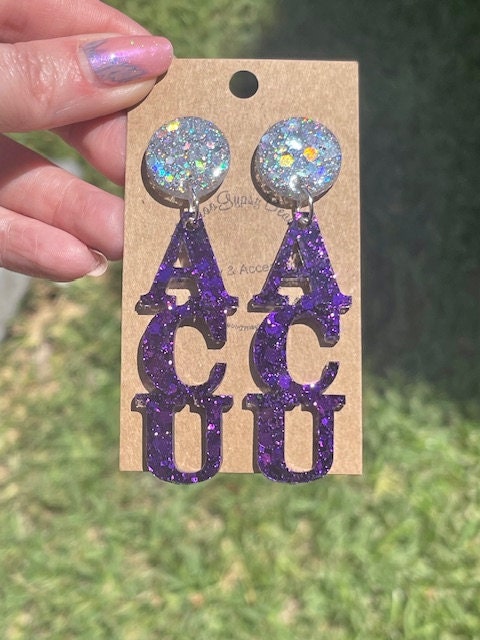 Purple ACU glitter resin earrings - Abilene Christian University earrings - purse charm, bag charm - handmade jewelry