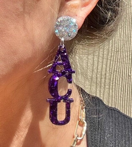 Purple ACU glitter resin earrings - Abilene Christian University earrings - purse charm, bag charm - handmade jewelry