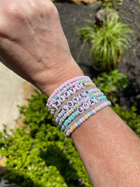 Pastel 9 loop Beaded memory wire wrap bracelet with choice of words - Custom stacked bracelet bundle