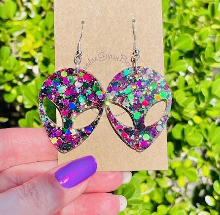 Alien resin earrings - sparkly alien earring - handmade jewelry