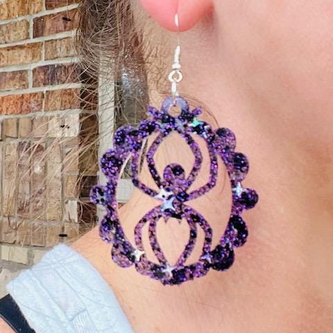 Halloween spider earrings with ornate frame - sparkly glitter resin earring - handcrafted - handmade jewelry