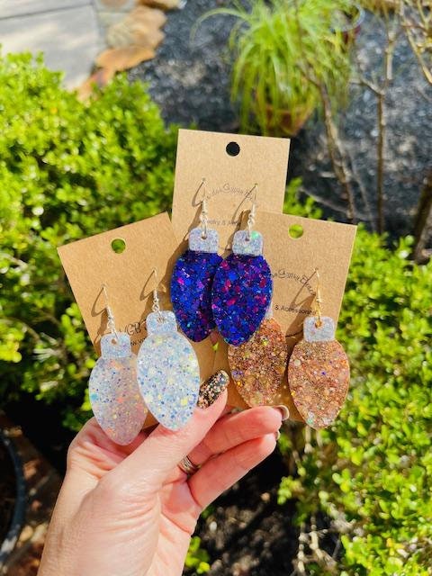 Christmas bulb resin earrings- White, Gold or purple - Xmas light jewelry