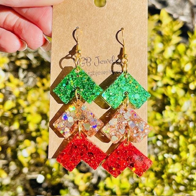 Chevron Christmas resin earrings - handmade jewelry