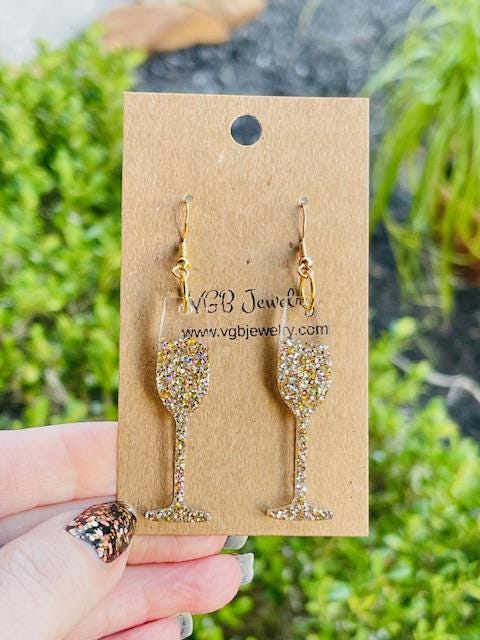 Champagne glass & bottle glitter resin earrings - handmade jewelry