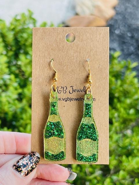 Champagne glass & bottle glitter resin earrings - handmade jewelry