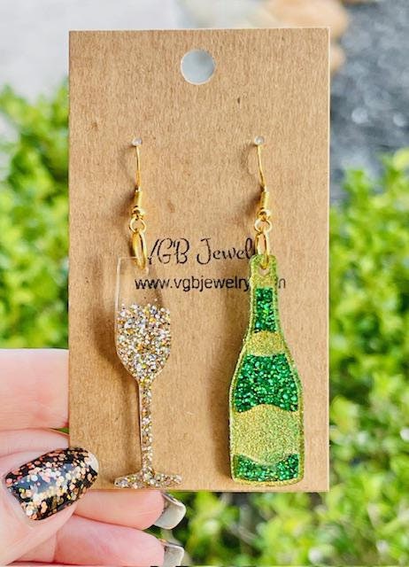 Champagne glass & bottle glitter resin earrings - handmade jewelry