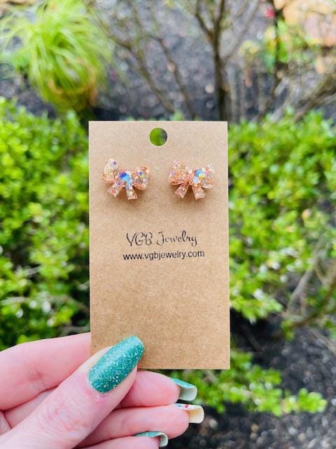 Bow stud earrings - Multiple colors available - Glitter resin handmade jewelry