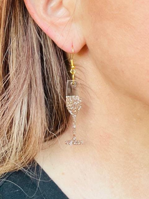 Champagne glass & bottle glitter resin earrings - handmade jewelry