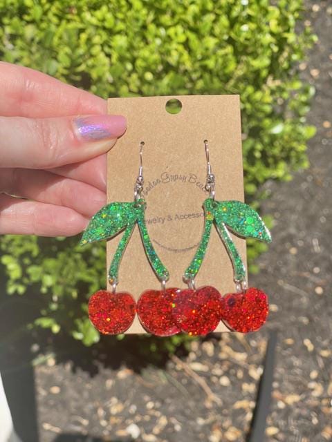 Sparkly Cherry glitter resin earrings in red - handcrafted - handmade jewelry
