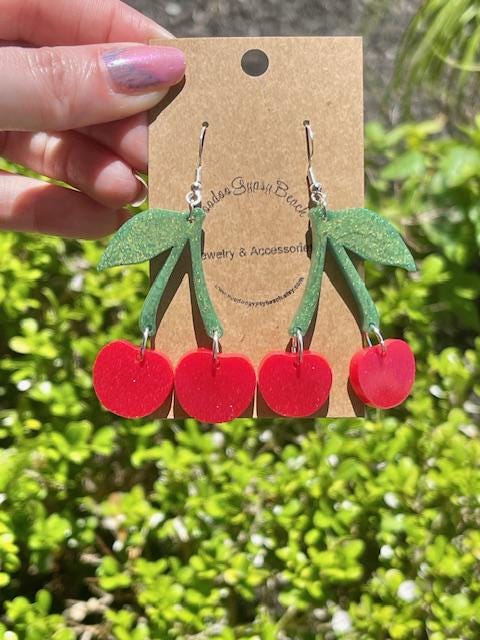 Sparkly Cherry glitter resin earrings in red - handcrafted - handmade jewelry