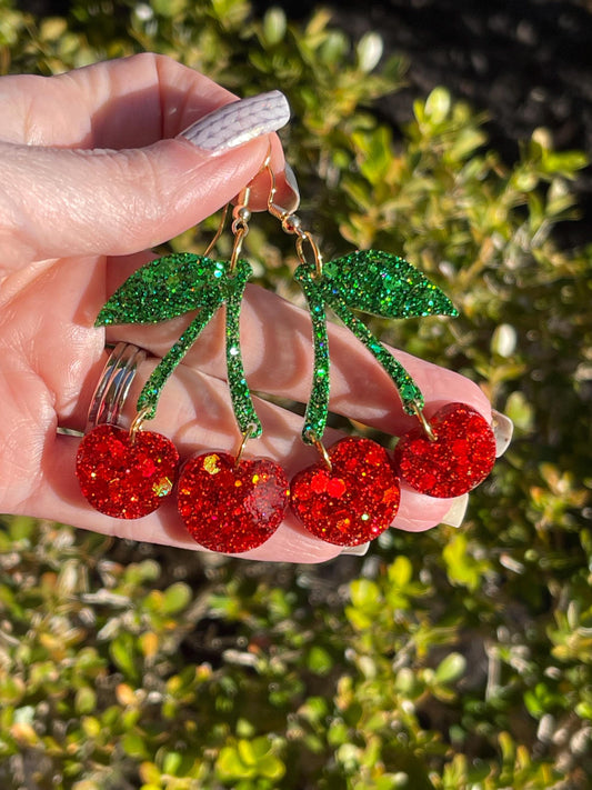 Sparkly Cherry glitter resin earrings in red - handcrafted - handmade jewelry