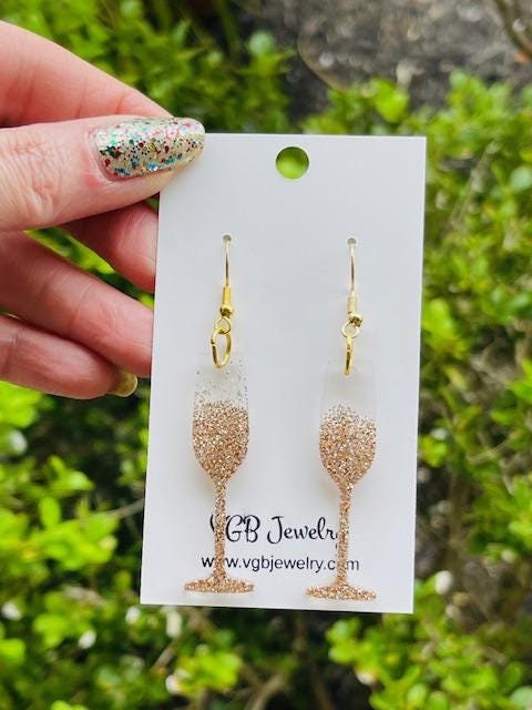 Champagne glass & bottle glitter resin earrings - handmade jewelry
