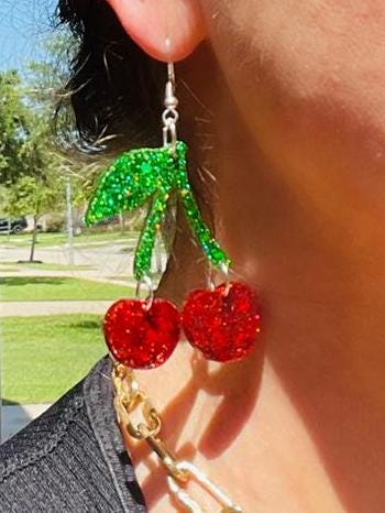 Sparkly Cherry glitter resin earrings in red - handcrafted - handmade jewelry