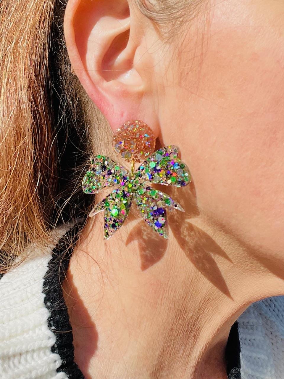 Glitter ribbon resin earrings- Mardi Gras Bow earrings