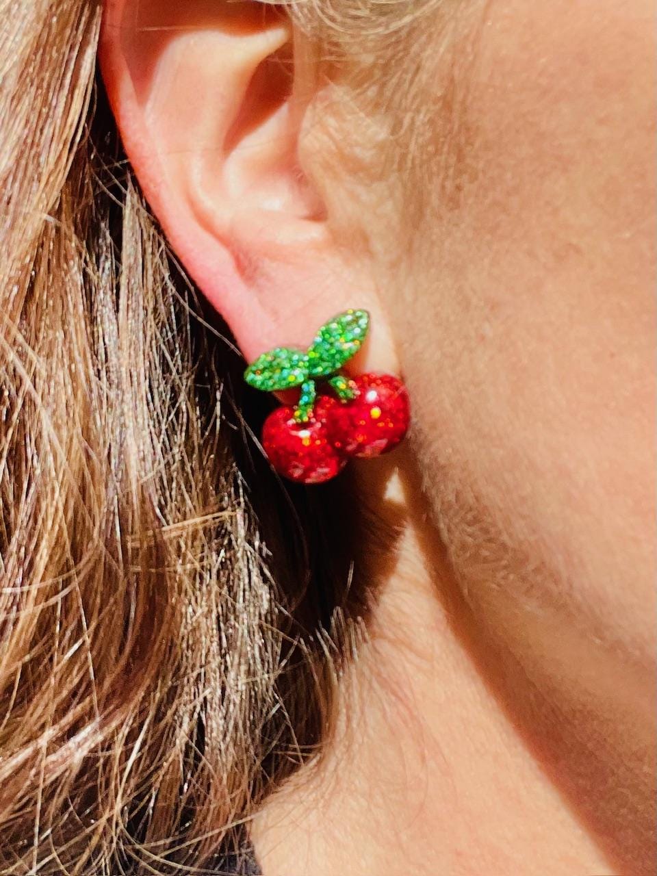 Sparkly Cherry glitter resin stud earrings in red - Premium finish - handcrafted - handmade jewelry