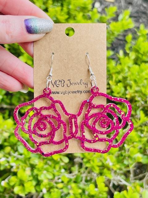 Super light Sparkly rose glitter resin earrings - handcrafted - handmade jewelry