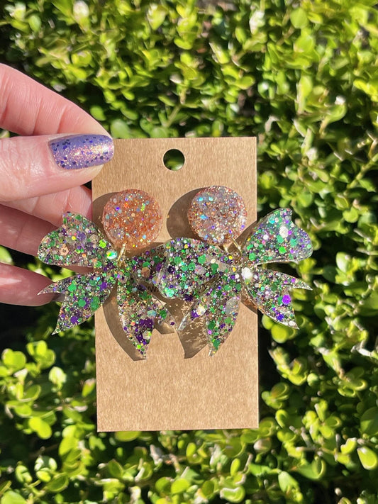 Glitter ribbon resin earrings- Mardi Gras Bow earrings