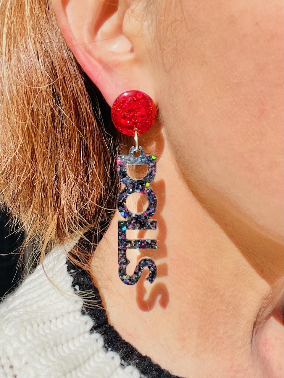 Dolls glitter resin word earrings - Drill team/Dance Team handmade jewelry