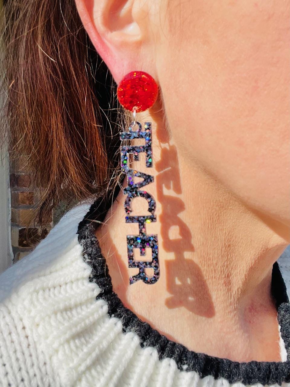 Teacher glitter resin word earrings - handmade jewelry